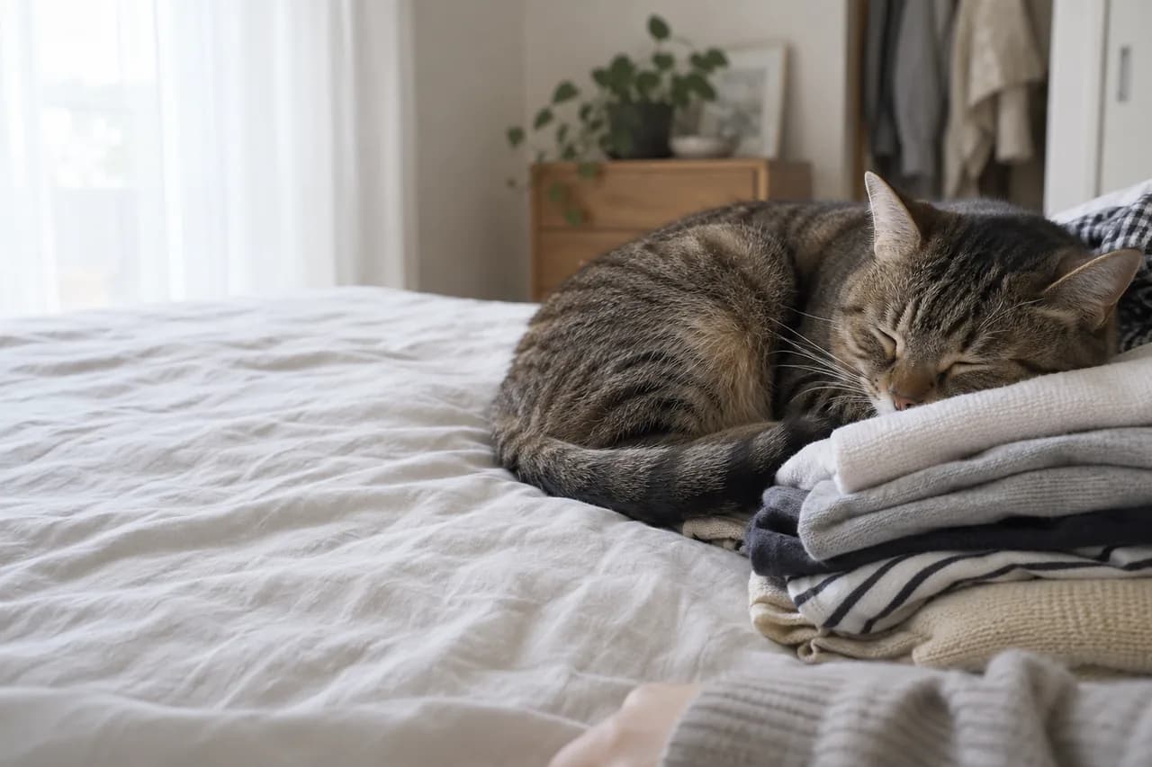 A tabby cat asleep on a pile of folded laundry