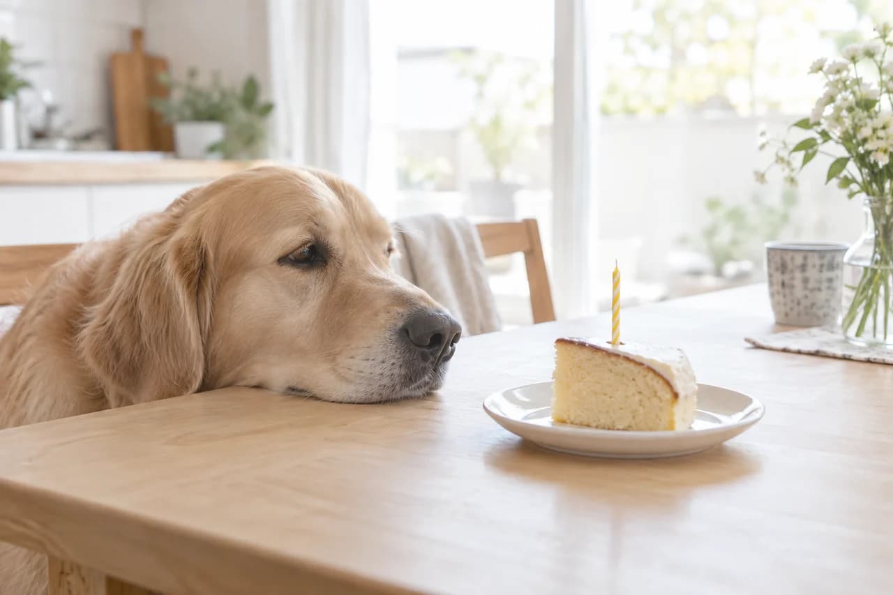 A dog resting its chin on a table beside a small slice of gotcha-day cake