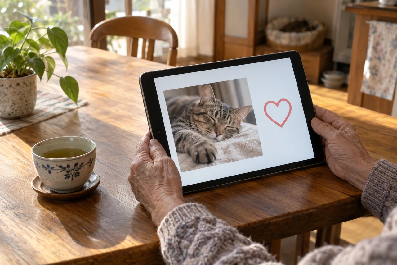An older person’s hands holding a tablet showing a pet photo, at a kitchen table