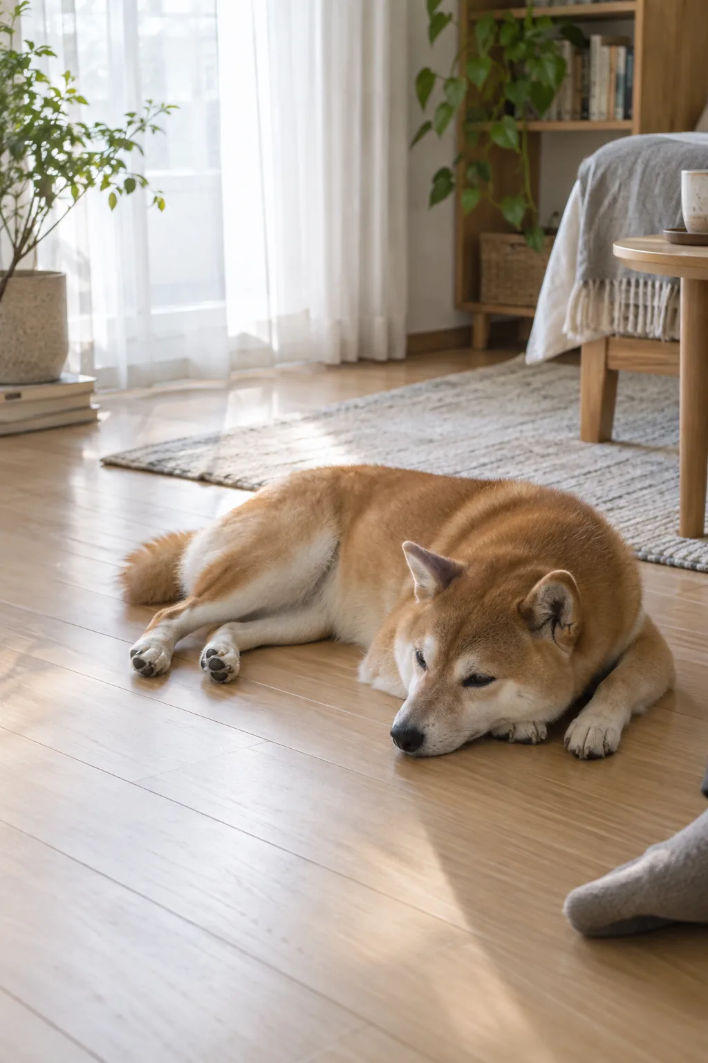 A shiba inu resting on a wooden floor in morning light, beside its owner’s feet