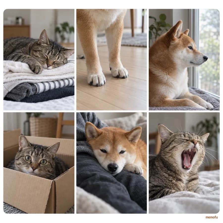 A monthly highlight collage of six ordinary photos of a cat and a shiba inu